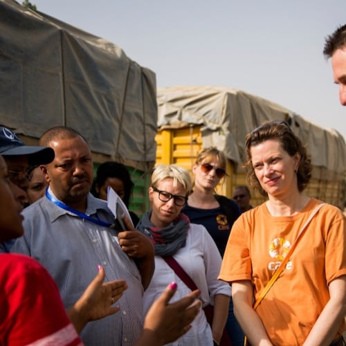 Headquartered in Atlanta, CARE USA has laid off hundreds of employees across the nation and thousands abroad in the wake of the Trump administration’s massive cuts to federal foreign aid. The nonprofit has also temporarily slashed wages for its employees, including President and CEO Michelle Nunn, second from right. (Terhas Berhe/CARE)