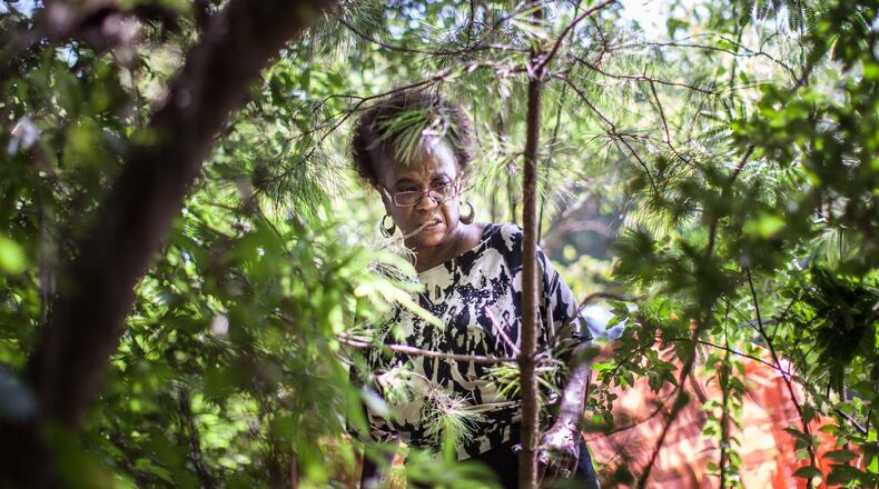 Audrey Collins looks down at her grandmother’s headstone on Sunday, June 14, 2015, in Atlanta. It wasn’t on her ancestor’s grave. Rather, it was leaning against a tree. Collins could not find a headstone for her brother who died in infancy, or for her grandfather. And when she spotted a pile of broken headstones in the woods, she became upset and ran. BRANDEN CAMP/SPECIAL