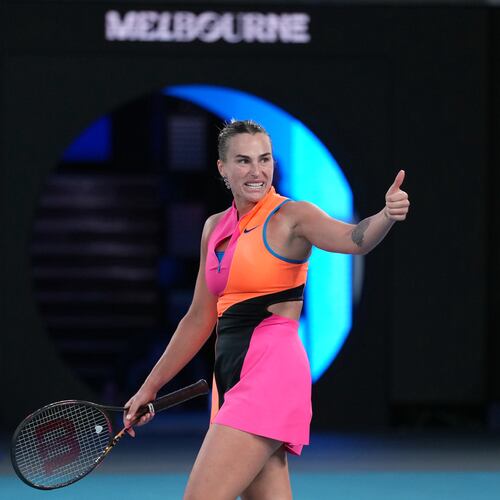 Aryna Sabalenka of Belarus reacts during her semifinal match against Elina Svitolina of Ukraine during their semifinal match at the Australian Open tennis championship in Melbourne, Australia, Thursday, Jan. 29, 2026. (AP Photo/Dita Alangkara)