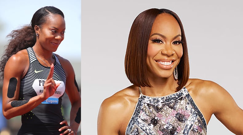 (Left) Sanya Richards-Ross in 2016 while competing in a meet right before she retired. At right, her official Bravo "Real Housewives of Atlanta" posed photo. CREDIT: AP/Bravo