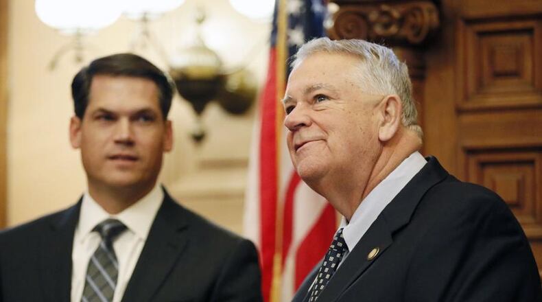 Georgia House Speaker David Ralston (right). Standing with him is Lt. Gov. Geoff Duncan. AJC file photo