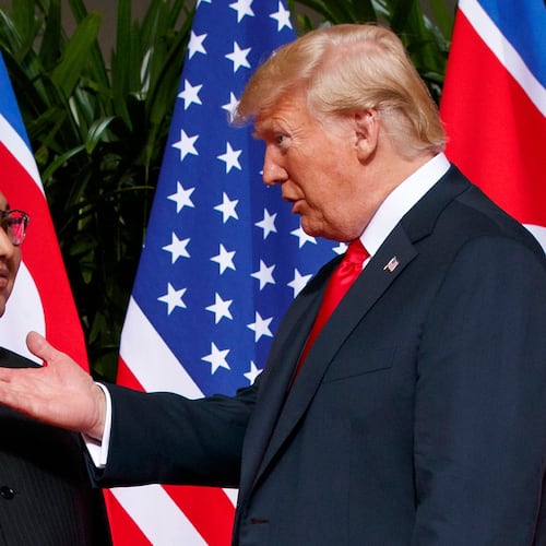 FILE - U.S. President Donald Trump, right, meets with North Korean leader Kim Jong Un on Sentosa Island in Singapore, on June 12, 2018. (AP Photo/Evan Vucci, File)