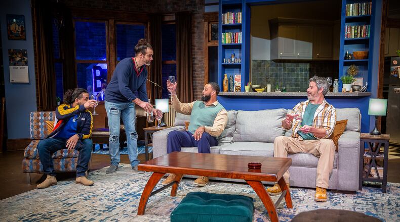 Kevin (Sariel Toribio, from left), Brian (Louis Kyper), Delano (Marcus Hopkins-Turner) and Roger (Evan Bergman) share pink wine and their feelings in Horizon Theatre’s “Support Group for Men.”