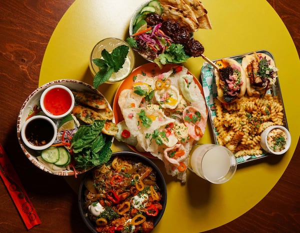 An overhead shot of a table full of food from Mushi Ni