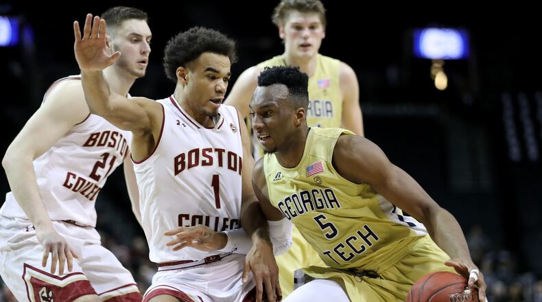 NEW YORK, NY - MARCH 06: Josh Okogie #5 of the Georgia Tech Yellow Jackets works against Jerome Robinson #1 of the Boston College Eagles in the first half during the first round of the ACC Men's Basketball Tournament at Barclays Center on March 6, 2018 in New York City. (Photo by Abbie Parr/Getty Images)