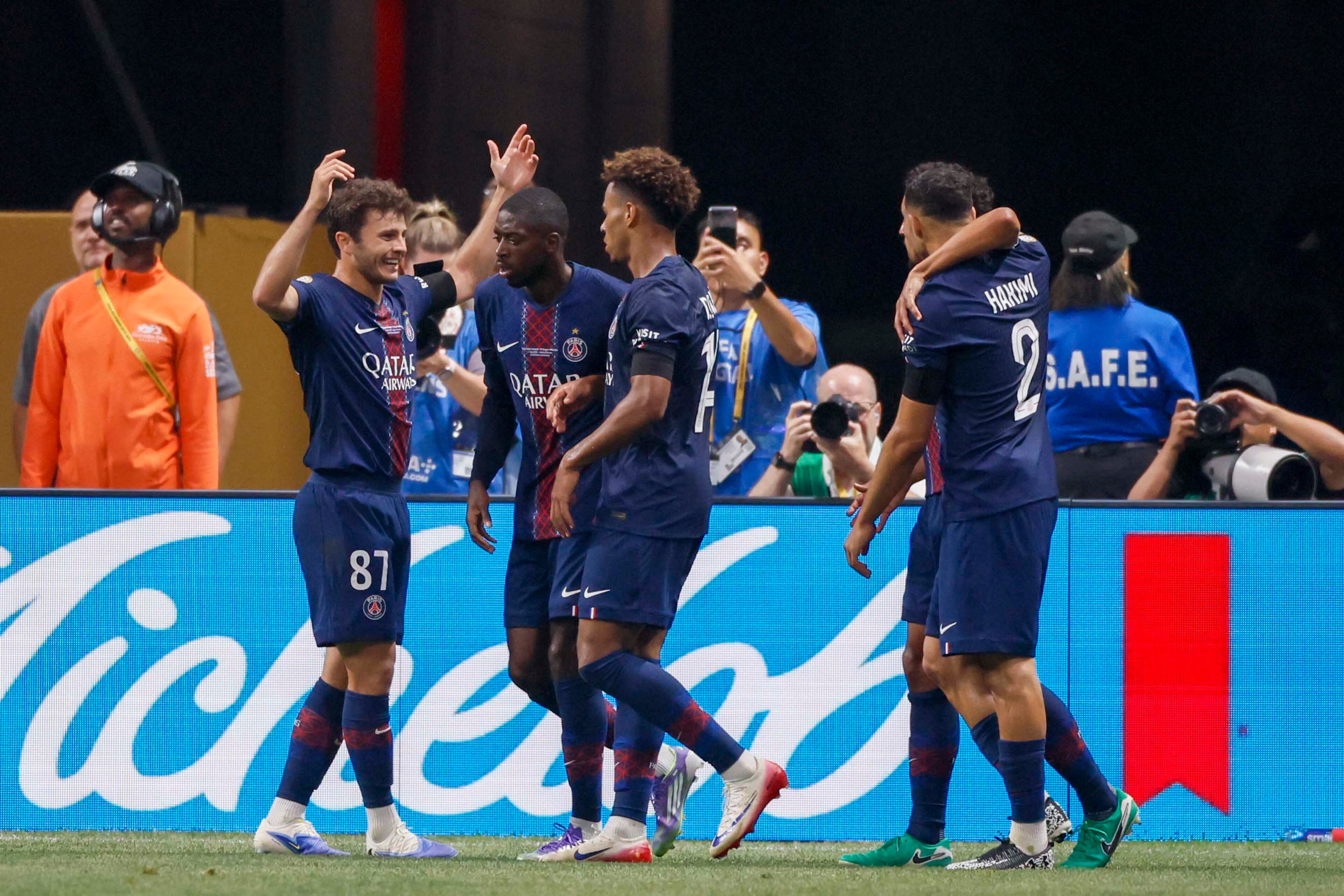 Paris Saint-Germain players celebrate with Paris Saint-Germain midfielder Désiré Doué (14) after his goalduring Club World Cup quarterfinal soccer match between Paris Saint-Germain and Bayern Munich, Saturday, July 5, 2025.
(Miguel Martinez/ AJC)