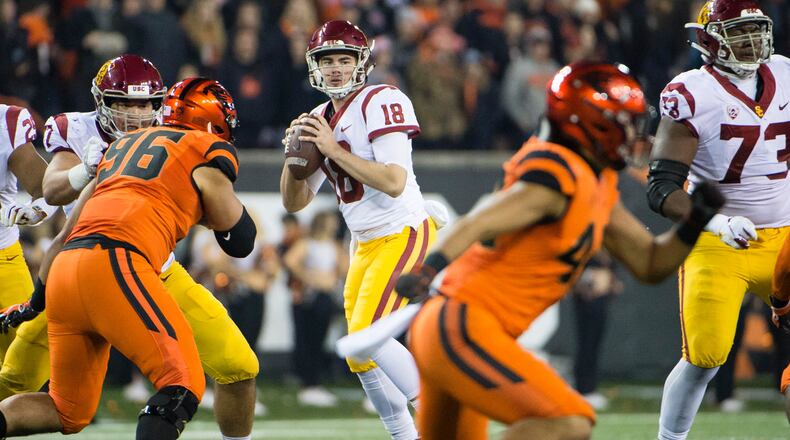 Southern California quarterback JT Daniels looks downfield for a receiver during his team's game against Oregon State.
