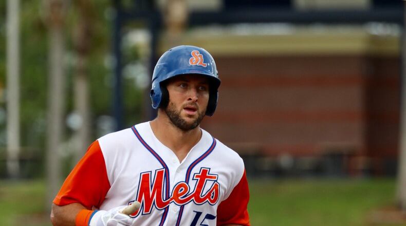 Tim Tebow hits first home run during his first day with the Port St. Lucie Mets on June 28, 2017.