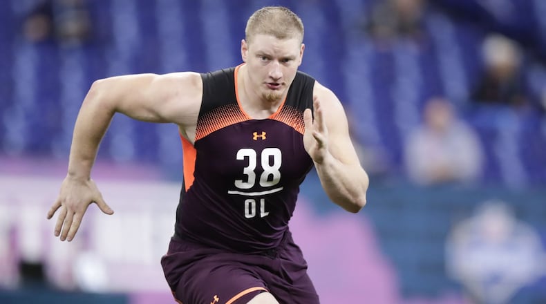 Washington offensive lineman Kaleb McGary runs a drill at the NFL football scouting combine in Indianapolis, Friday, March 1, 2019. (AP Photo/Michael Conroy)
Photo: Michael Conroy/Associated Press