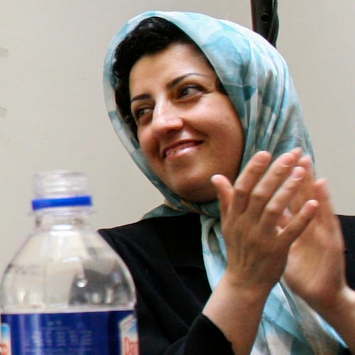 FILE - Prominent Iranian human rights activist Narges Mohammadi is seen in a meeting on women's rights in Tehran, Iran, on July 3, 2008. (AP Photo/Vahid Salemi, File)