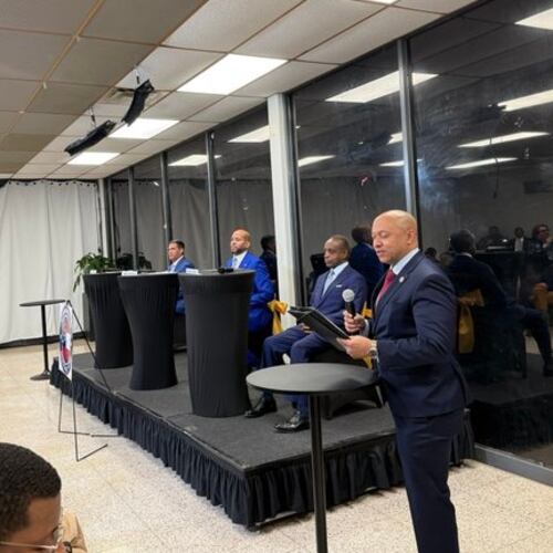 Georgia Men for Democracy Now hosted a forum featuring some of the Democratic candidates for governor (far left to right): former Lt. Gov. Geoff Duncan, former state Sen. Jason Esteves and former DeKalb County CEO Michael Thurmond. (Greg Bluestein/AJC)