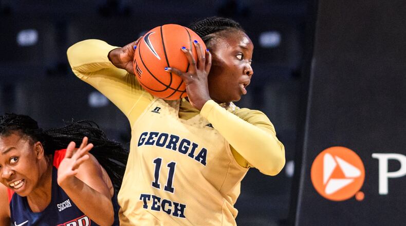 Georgia Tech forward Elo Edeferioka has brought dozens of shoes back home to her hometown in Nigeria to share with youth players with her old team. (GT Athletics/Danny Karnik)
