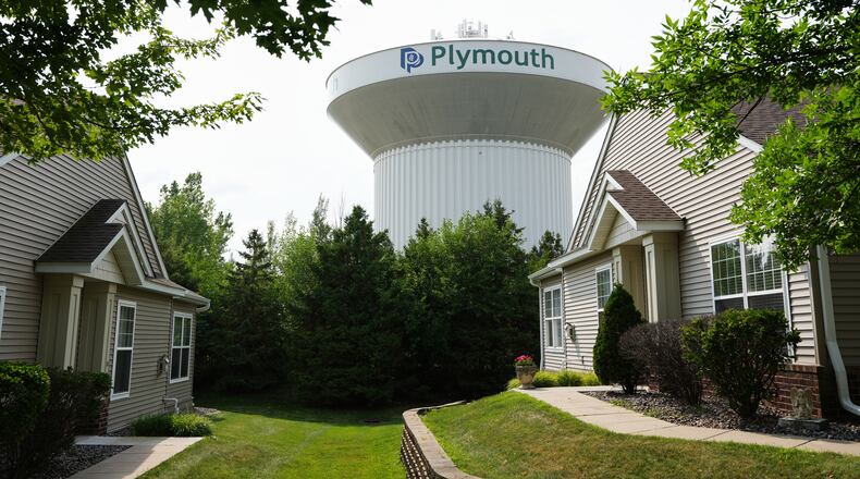 A water tower is seen Thursday, July 30, 2026, in Plymouth, Minn. A cyberattack targeted the operating technology at over 30 water systems in Minnesota, including Plymouth's, earlier this week, state officials said. (AP Photo/Ellen Schmidt)
