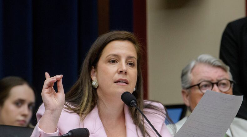 FILE - Rep. Elise Stefanik, R-N.Y., questions the panel of witnesses during a House Committee on Education and Workforce Committee hearing on "Antisemitism in Higher Education: Examining the Role of Faculty, Funding, and Ideology" on Capitol Hill, Tuesday, July 15, 2025, in Washington. (AP Photo/Rod Lamkey, Jr., File)
