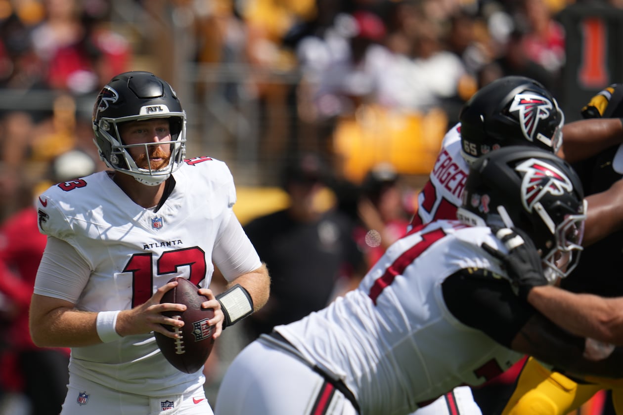 Atlanta Falcons quarterback Cooper Rush (13) looks to pass the ball during an NFL football game against the against the Pittsburgh Steelers, Sunday, Sept. 13, 2026, in Pittsburgh. (AP Photo/Gene J. Puskar)