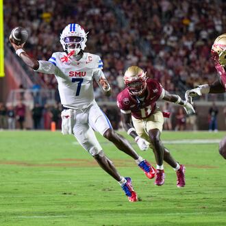 SMU quarterback Kevin Jennings (7) looks to throw during the first half of an NCAA college football game against Florida State, Monday, Sept. 7, 2026, in Tallahassee, Fla. (AP Photo/Noah Lantor)