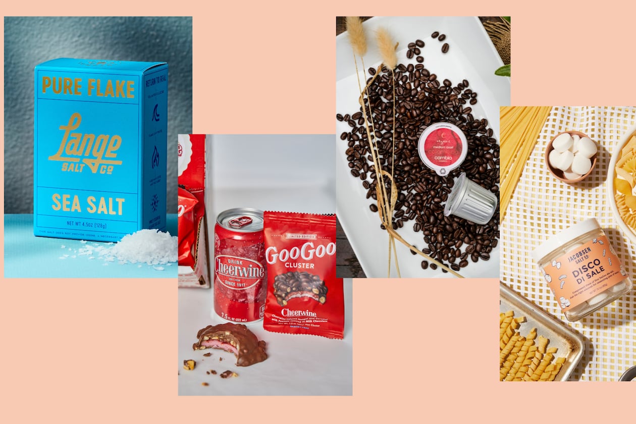 A selection of Southern products to try in September (left to right): Flaky sea salt (Courtesy of Victor Protasio); Cheerwine-flavored candy (Courtesy of Phillip Fryman/Goo Goo Clusters); Recyclable coffee pods (Courtesy of Chrisman Studios/Cambio Roasters); and Discs of Italian sea salt (Courtesy of Nolan Calisch/Jacobsen Salt Co.)
