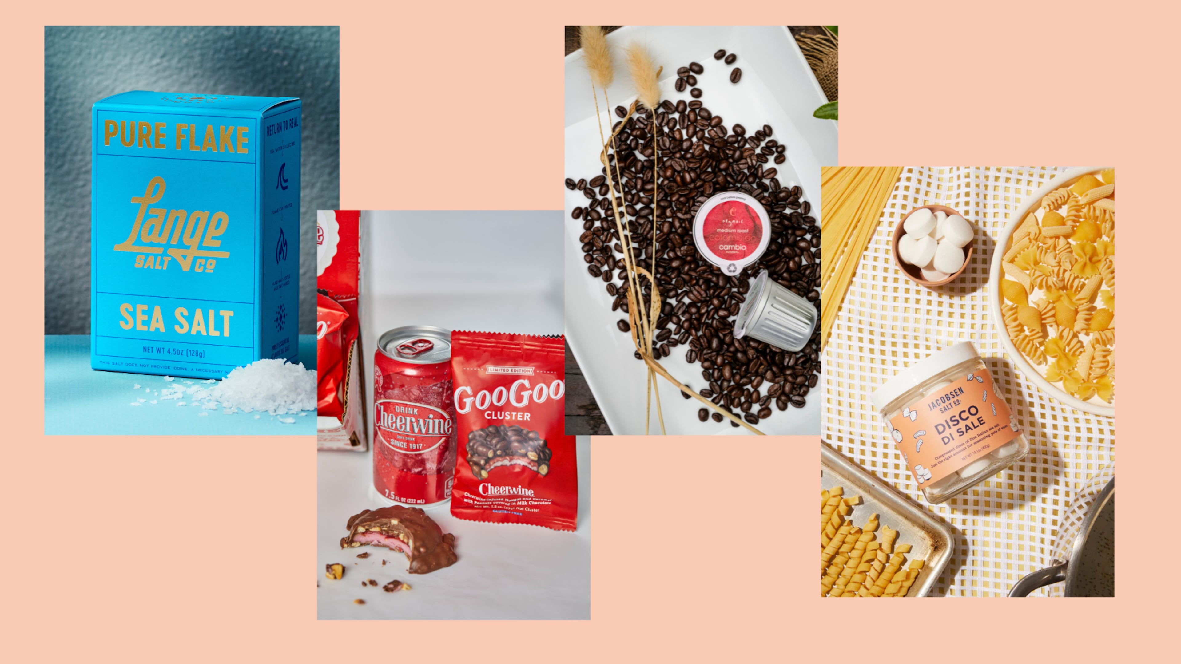A selection of Southern products to try in September (left to right): Flaky sea salt (Courtesy of Victor Protasio); Cheerwine-flavored candy (Courtesy of Phillip Fryman/Goo Goo Clusters); Recyclable coffee pods (Courtesy of Chrisman Studios/Cambio Roasters); and Discs of Italian sea salt (Courtesy of Nolan Calisch/Jacobsen Salt Co.)