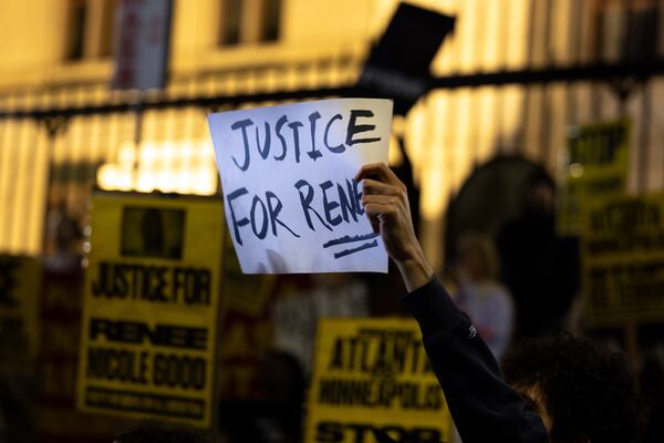 Protestors rally against Immigration and Customs Enforcement in front of the Capitol in Atlanta on Thursday, Jan. 8, 2026, the day after Renee Good was shot and killed by an ICE agent in Minneapolis. (Arvin Temkar/AJC)
