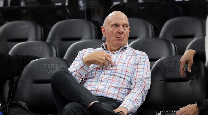 FILE - Los Angeles Clippers owner Steve Ballmer sits on the sideline before an NBA basketball game against the Chicago Bulls on March 13, 2026, in Inglewood, Calif. (AP Photo/Ryan Sun, File)