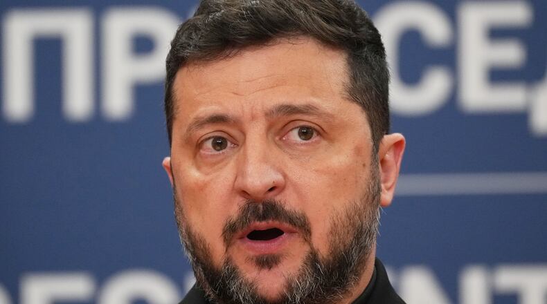 Ukraine's President Volodymyr Zelenskyy speaks during a press conference with his Serbian counterpart Aleksandar Vucic at the Serbia Palace, in Belgrade, Serbia, Saturday, Aug. 8, 2026. (AP Photo/Darko Vojinovic)