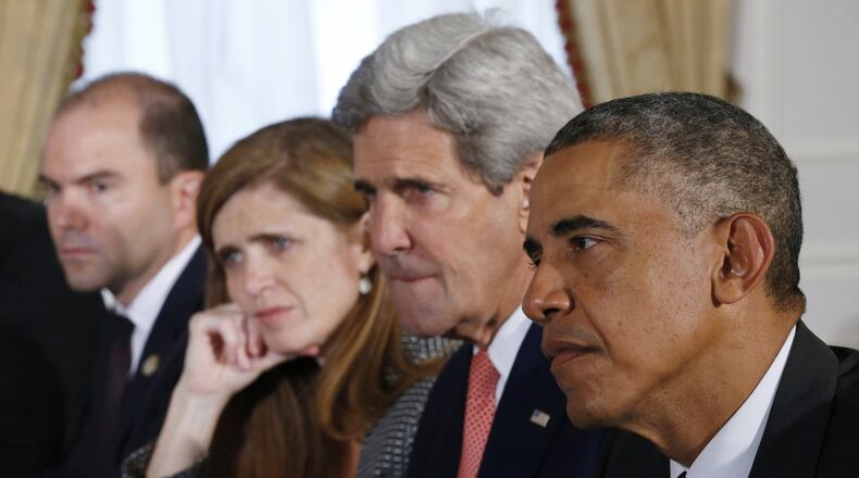 U.S. President Barack Obama holds a bilateral meeting with Ethiopia’s Prime Minister Hailemariam Desalegn (not pictured) in New York Sept. 25, 2014. With Obama from left are Deputy National Security Adviser Ben Rhodes, U.S. Ambassador to the U.N. Samantha Power and Secretary of State John Kerry. Contributed by REUTERS/Kevin Lamarque