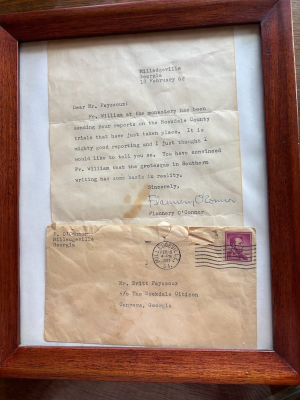 A Feb. 18, 1962, letter from Georgia writer Flannery O’Connor hung on the wall of Britt Fayssoux, editor of The DeKalb New Era. (Courtesy)