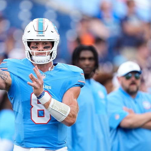Tennessee Titans quarterback Will Levis warms up prior to a preseason NFL football game against the Chicago Bears, Saturday, Aug. 29, 2026, in Nashville, Tenn. (AP Photo/George Walker IV)