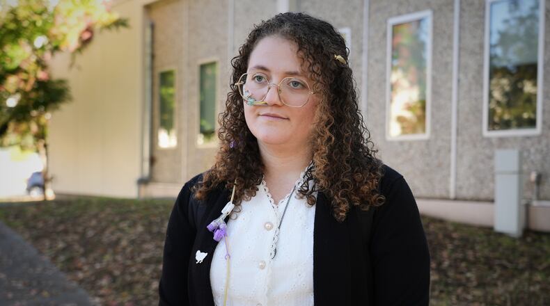Animal rights activist Zoe Rosenberg, who is on trial for taking four chickens from one of Perdue Farms' major poultry plants, is pictured outside Sonoma County Superior Court in Santa Rosa, Calif. on Tuesday, Oct. 28, 2025. (AP Photo/Terry Chea)
