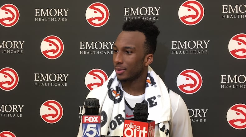 Georgia Tech guard Josh Okogie addresses media following his workout for the Hawks at their training facility May 7, 2018. (AJC photo by Ken Sugiura)