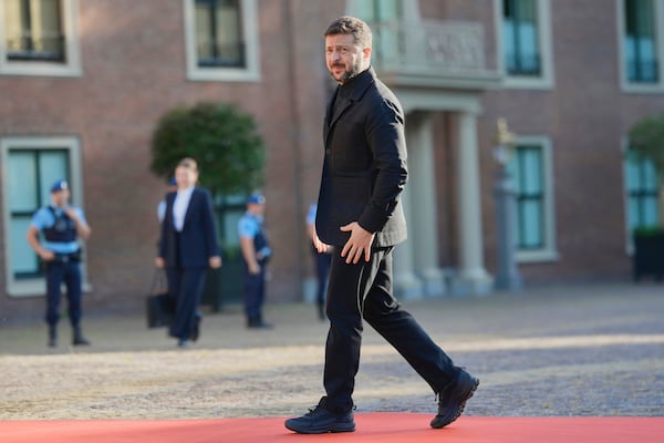 Ukraine's President Volodymyr Zelenskyy arrives ahead of a formal dinner at the Paleis Huis ten Bosch ahead of the NATO summit in The Hague, Netherlands, Tuesday, June 24, 2025. (AP Photo/Markus Schreiber)