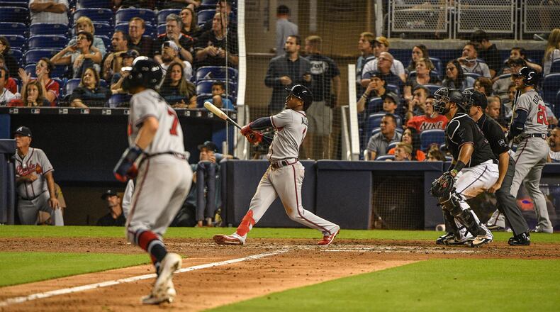 Ozzie Albies of the Braves hits a grand slam in the sixth inning against the Miami Marlins at Marlins Park on May 4, 2019 in Miami, Florida. (Photo by Mark Brown/Getty Images)