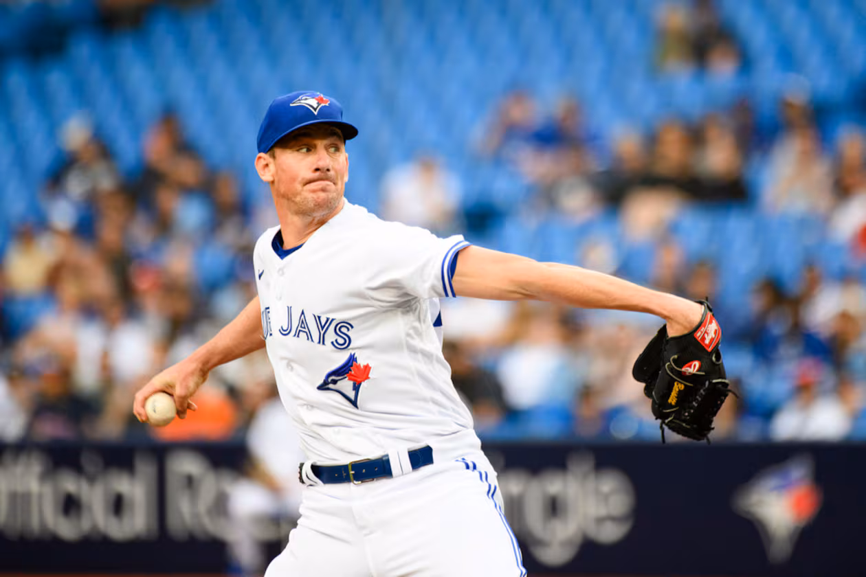 Blue Jays starting pitcher Chris Bassitt, shown throwing against the Atlanta Braves in Toronto, pitched at least 170 innings in each of the past four seasons while compiling a 3.77 ERA with solid strikeout and walk rates. (Christopher Katsarov/The Canadian Press via AP 2023)