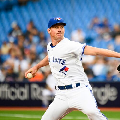 Blue Jays starting pitcher Chris Bassitt, shown throwing against the Atlanta Braves in Toronto, pitched at least 170 innings in each of the past four seasons while compiling a 3.77 ERA with solid strikeout and walk rates. (Christopher Katsarov/The Canadian Press via AP 2023)