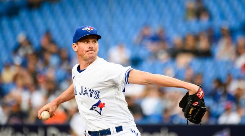 Blue Jays starting pitcher Chris Bassitt, shown throwing against the Atlanta Braves in Toronto, pitched at least 170 innings in each of the past four seasons while compiling a 3.77 ERA with solid strikeout and walk rates. (Christopher Katsarov/The Canadian Press via AP 2023)