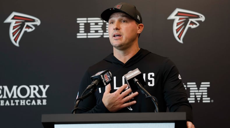 Special teams coordinator Craig Aukerman speaks to the media at a news conference at the Falcons Practice Facility in Flowery Branch on Wednesday, Feb. 11, 2026. (Miguel Martinez/AJC)