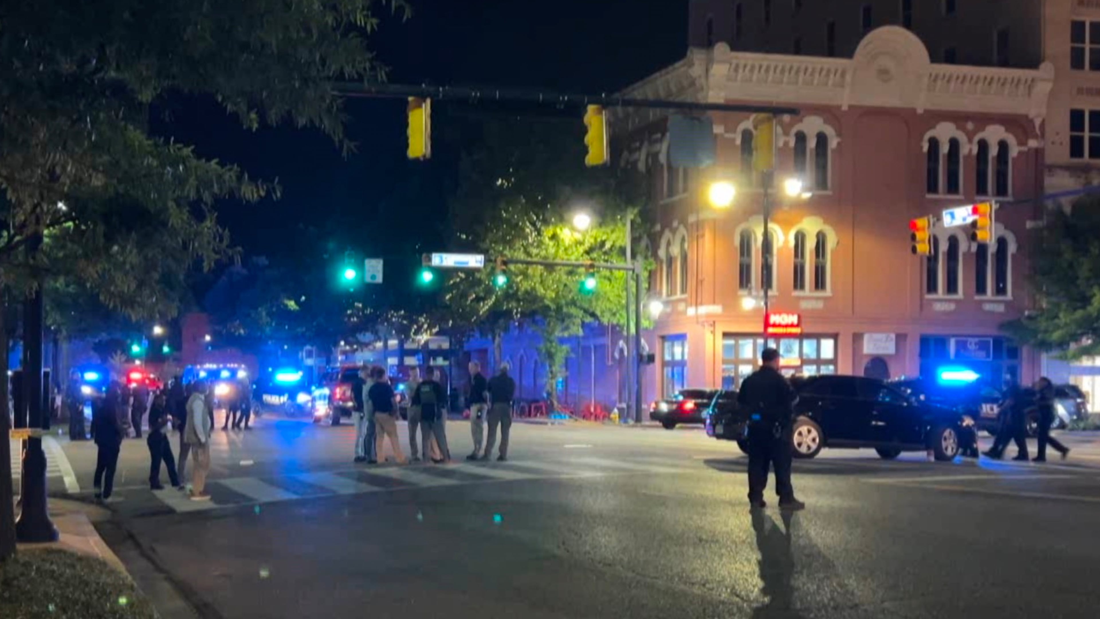 This image taken from video provided by WSFA shows the scene after a shooting earlier Saturday in downtown Montgomery, Ala., Sunday, Oct. 5, 2025. (WSFA via AP)
