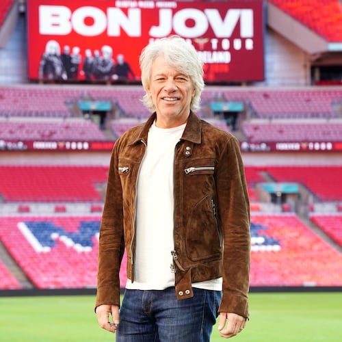 Singer Jon Bon Jovi poses for a photo at a press conference at Wembley Stadium to make an announcement and promote his new collaborations album, Forever, in north London, Friday, Oct. 24, 2025. (Ian West/PA via AP)