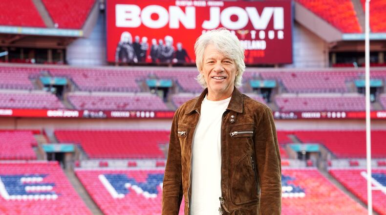 Singer Jon Bon Jovi poses for a photo at a press conference at Wembley Stadium to make an announcement and promote his new collaborations album, Forever, in north London, Friday, Oct. 24, 2025. (Ian West/PA via AP)