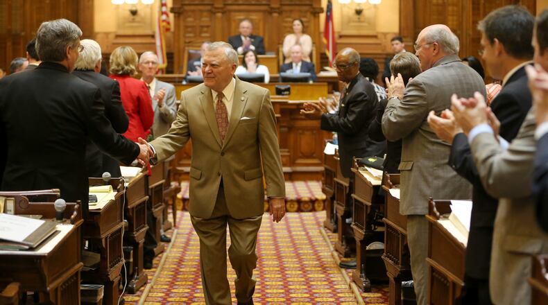 April 2, 2015 Atlanta: Gov. Nathan Deal makes his way out of the House chamber after thanking the representatives for their work on the last day of the 2015 legislative session Thursday evening April 2, 2015. Ben Gray / bgray@ajc.com Gov. Nathan Deal makes his way out of the House chamber after thanking the representatives for their work on the last day of the 2015 legislative session on Thursday evening. Ben Gray, bgray@ajc.com