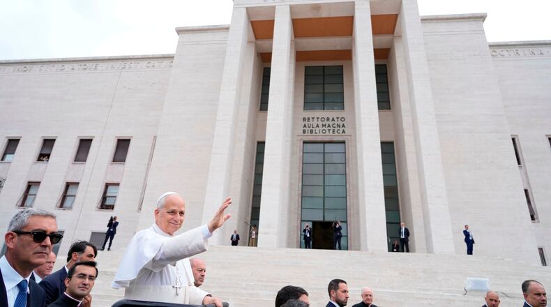 Pope Leo XIV visits the Città Universitaria (University City) at Sapienza University of Rome to meet with faculty and students at the institution's primary campus, one of the world's oldest and largest universities, Thursday, May 14, 2026. (AP Photo/Gregorio Borgia)