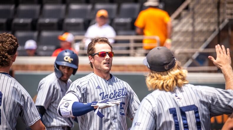 Georgia Tech center fielder Colin Hall (sunglasses) celebrates with first baseman Andrew Jenkins (No. 10) after Hall's home run against Alabama State in an NCAA regional tournament game June 4, 2022 in Knoxville, Tenn. (Georgia Tech Athletics/Gage Jenkins)