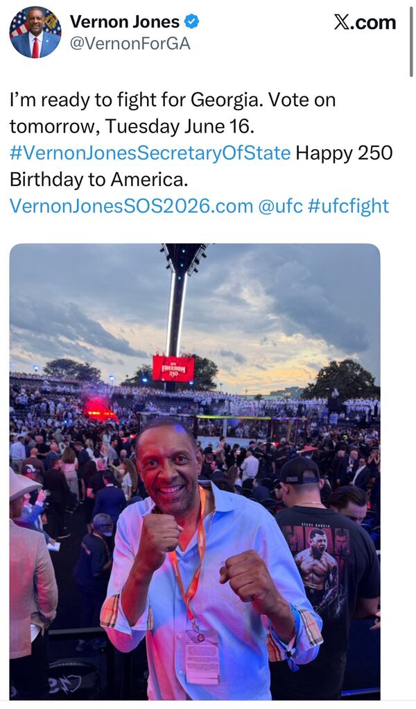 GOP secretary of state candidate Vernon Jones at the MMA fight on the White House lawn posted on his campaign X account just days before the election. (Courtesy of Vernon Jones campaign X account)