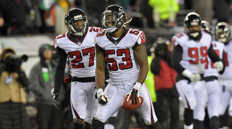 Atlanta Falcons middle linebacker LaRoy Reynolds (53) reacts after he recovered a kick in the first half during the NFC Divisional Game at Lincoln Financial Field in Philadelphia, PA on Saturday, January 13, 2018. HYOSUB SHIN / HSHIN@AJC.COM