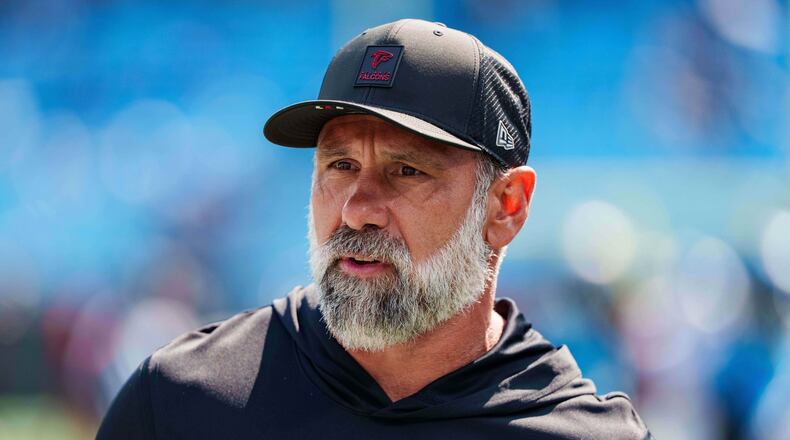 FILE - Atlanta Falcons defensive coordinator Jeff Ulbrich looks on before an NFL football game between the Carolina Panthers and the Atlanta Falcons, Sep. 21, 2025, in Charlotte, N.C. (AP Photo/Jacob Kupferman, File)