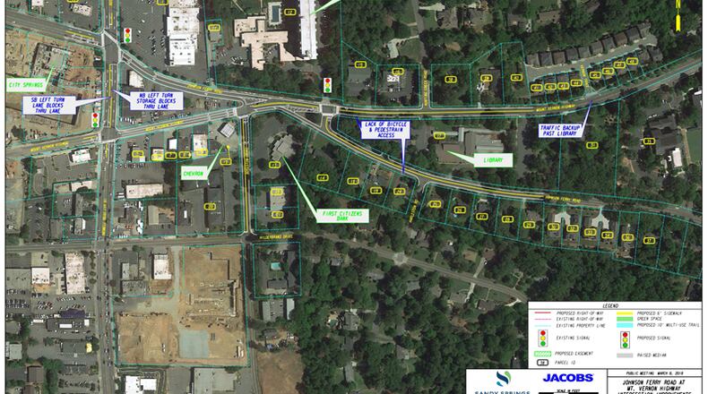 A working document from earlier this year depicts present conditions at the intersection of Johnson Ferry Road and Mount Vernon Highway in Sandy Springs. The city has scheduled an Aug. 30 open house to present two concepts for the congested crossroads. CITY OF SANDY SPRINGS