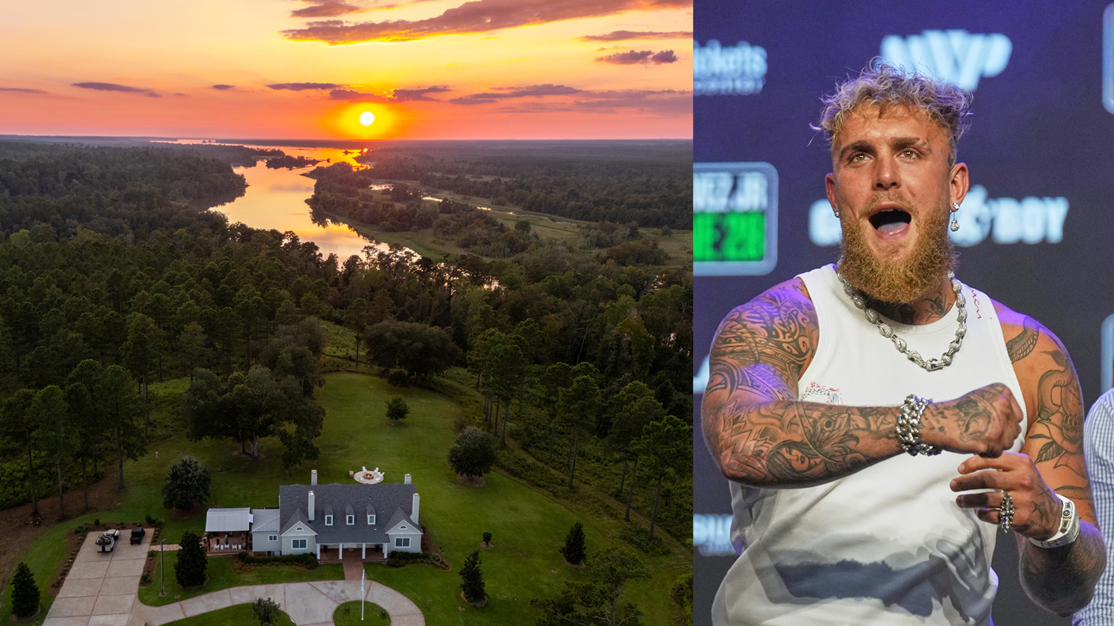 In April, Jake Paul purchased a 5,746-acre property called Southlands for $39 million in Decatur County near the Florida border. (Left photo courtesy of Jon Kohler and Associates; right photo is from The Associated Press)