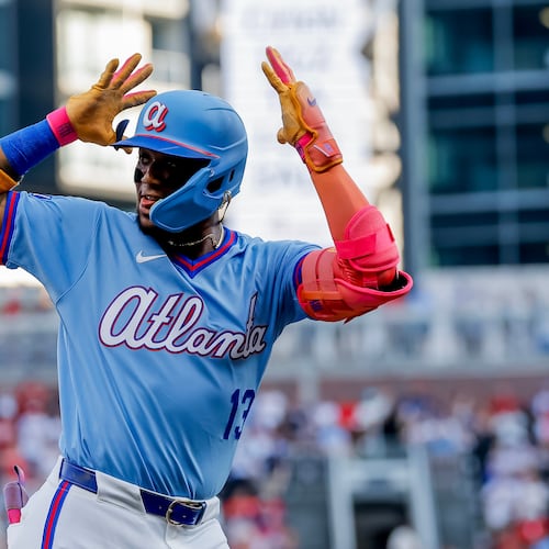 Atlanta Braves right fielder Ronald Acuña Jr. (13) reacts while rounding the bases after hitting a solo home run against the Arizona Diamondbacks during the first inning of a baseball game, Saturday, August 15, 2026, in Atlanta. (AP Photo/Erik S. Lesser)