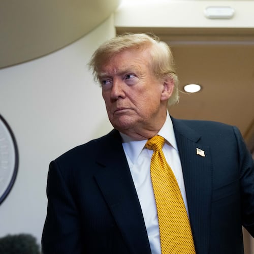 President Donald Trump speaks with reporters in flight on Air Force One after landing at U.S. Air Force Base at RAF Mildenhall, in Suffolk, Eastern England, Wednesday, July 8, 2026. (AP Photo/Alex Brandon)