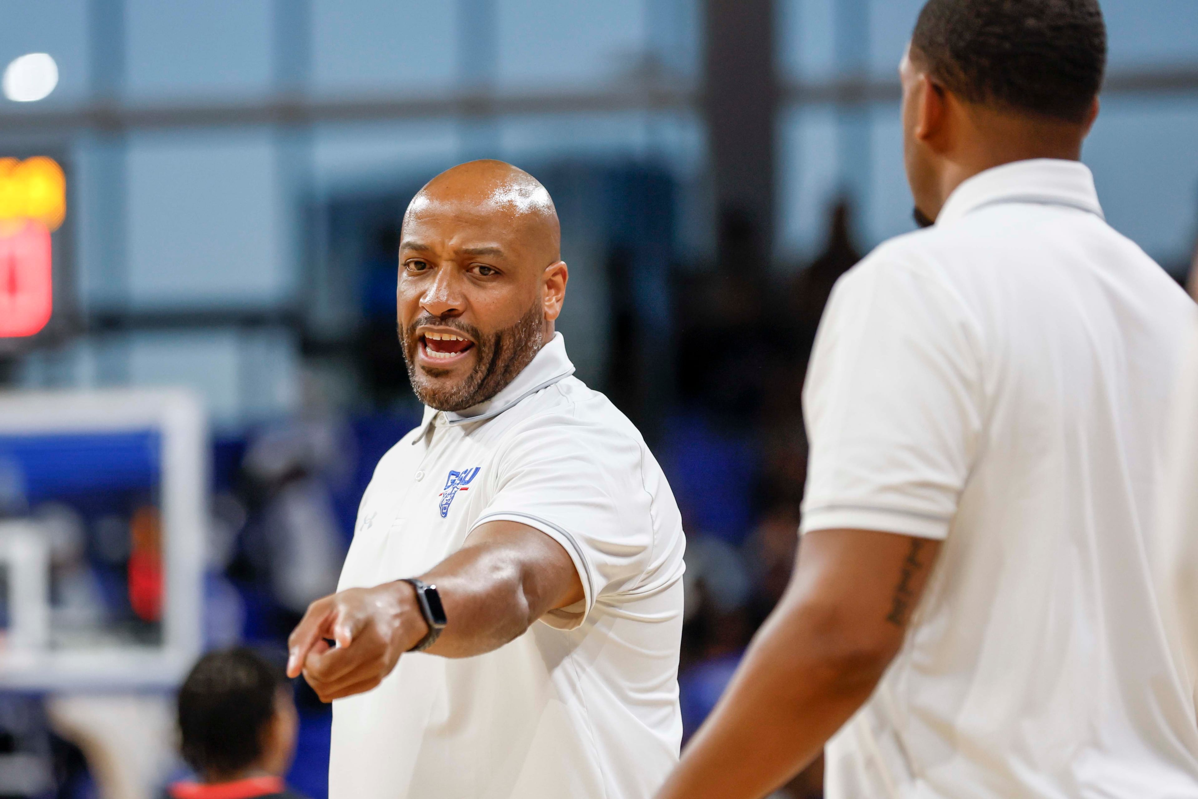 Georgia State Panthers head coach Jonas Hayes yells instructions during the second half of an exhibition opener game against the Georgia Bulldogs at the Georgia State Convocation Center, Wednesday, October 15, 2025, in Atlanta. (Miguel Martinez/ AJC)